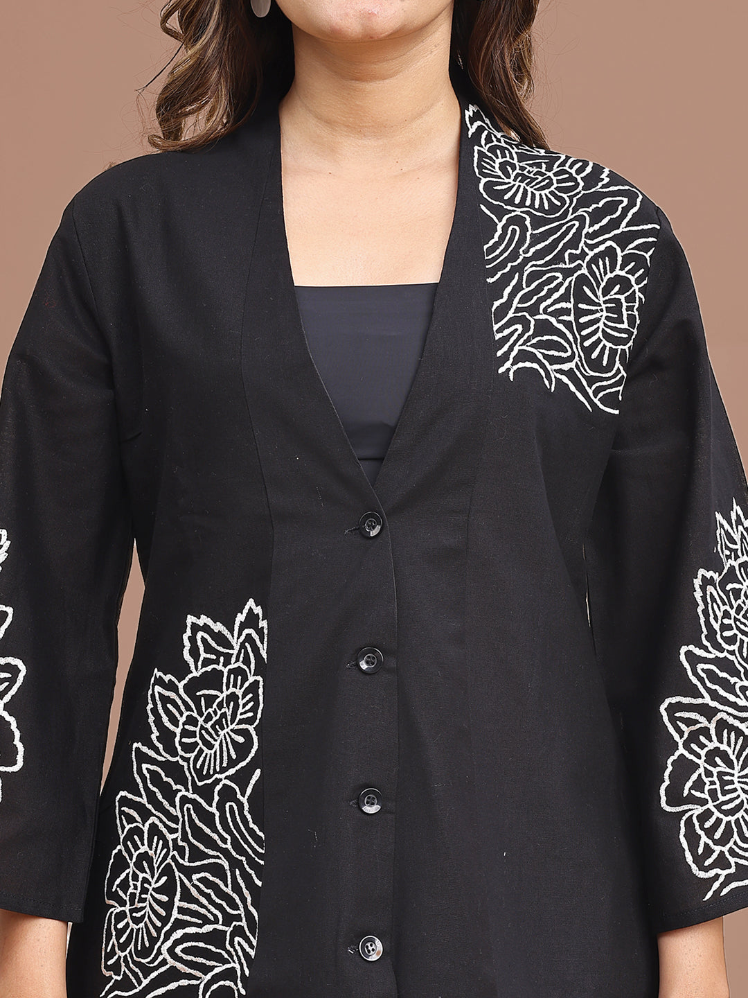 Black Colored Pure Cotton With Black Thread Embroidered Shirt & Trouser Co-ord Set